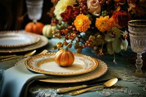 ai gegenereerd dankzegging feestelijk tafel instelling met herfst- decor voor feest. vakantie, catering en viering foto