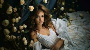 portret van een mooi jong vrouw in een wit jurk aan het liegen in de bed met bloemen. kapsel mode meisje met golvend gezond haar. romantisch vrouw dromen. foto