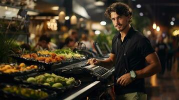 portret van knap jong Mens kiezen voedsel in supermarkt. foto