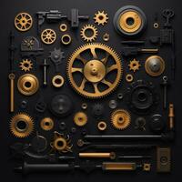 ai gegenereerd knolling voorwerp scheiden een deel van uitrusting mechanisch. goud en zwart thema. achtergrond behang. foto