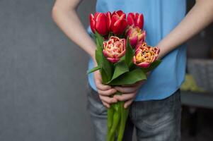 achter de terug van de kind zijn kleurrijk rood tulpen. jongen schuilplaats bloemen achter zijn terug foto