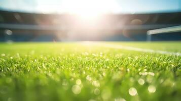 ai gegenereerd gras Bij de Amerikaans voetbal stadion. laag hoek schot. getextureerde vrij voetbal veld- in de avond licht foto