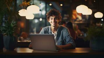 jong Mens werken Aan laptop, jongen freelancer of leerling met computer in cafe Bij tafel op zoek in camera.ai generatief foto