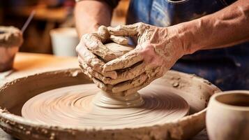 handen werken met klei Aan pottenbakker wiel, vakmanschap, traditioneel ambacht maken.ai generatief. foto