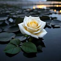 een betoverend wit roos bloem ontrollen in rivier- ai generatief foto