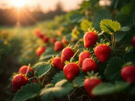 aardbei boerderij met zonsopkomst. ai gegenereerd foto