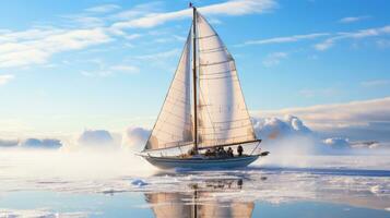 het zeilen, winter sport- boot Aan de sneeuw zee. ai gegenereerd. foto