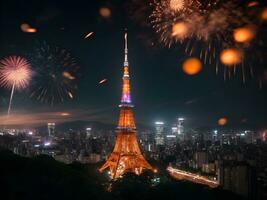 tokyo toren Bij nacht met vuurwerk, reizen en nieuw jaar concept. foto