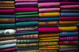 artistiek verscheidenheid schaduw toon kleuren sari's gestapeld Aan kleinhandel winkel plank naar uitverkoop foto