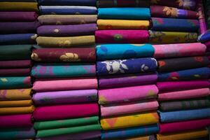 artistiek verscheidenheid schaduw toon kleuren sari's gestapeld Aan kleinhandel winkel plank naar uitverkoop foto