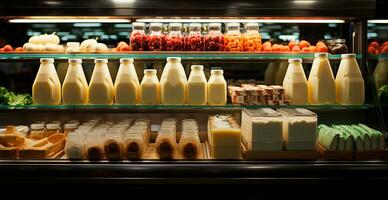 melk, kefir, zuivel producten in een op te slaan, gekoeld Scherm geval in een supermarkt - ai gegenereerd beeld foto