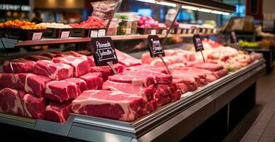 winkel venster voor rood rauw vlees, rundvlees, varkensvlees, kip. eetpatroon voedsel. vlees supermarkt - ai gegenereerd beeld foto