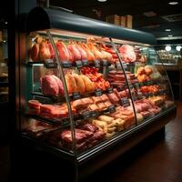 vers vlees producten, rundvlees, varkensvlees in de koelkast Aan Scherm in een supermarkt, gezond aan het eten - ai gegenereerd beeld foto
