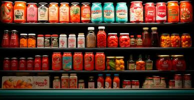 kruidenier op te slaan, fruit balie, drankjes, sappen, jam Aan Scherm in een supermarkt - ai gegenereerd beeld foto