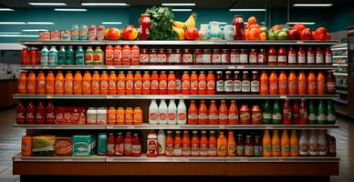 kruidenier op te slaan, fruit balie, drankjes, sappen, jam Aan Scherm in een supermarkt - ai gegenereerd beeld foto