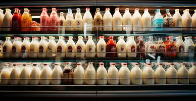 melk, kefir, zuivel producten in een op te slaan, gekoeld Scherm geval in een supermarkt - ai gegenereerd beeld foto