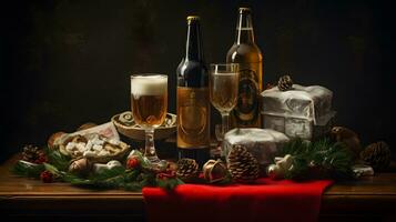 Kerstmis nog steeds leven met bier, snacks en pijnboom kegels foto