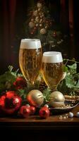 bier bril met Kerstmis ornamenten en boom achtergrond foto
