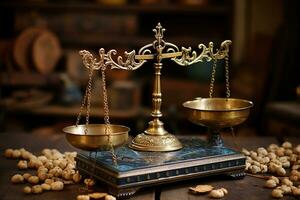 gouden balans van gerechtigheid Aan een houten tafel met een wazig achtergrond. gegenereerd door kunstmatig intelligentie- foto