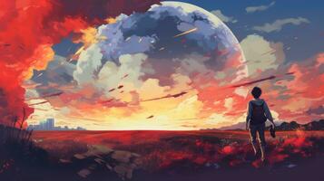 mooi stad landschap achtergrond. tekenfilm zomer zonsondergang met wolken en meer. anime stijl foto