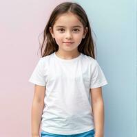 schattig meisje vervelend een wit jurk. t-shirt ontwerp model. kinderen staand tegen een muur achtergrond, ai generatief foto