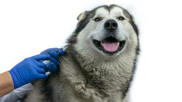 detailopname van een schattig puppy in kliniek vaccinatie. een dierenarts geeft een injectie van een Alaska malamute. foto