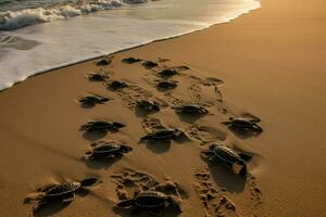 schildpad groep zand zee. genereren ai foto