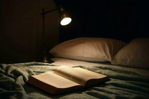 lezing Open boek Aan bed met lamp. genereren ai foto