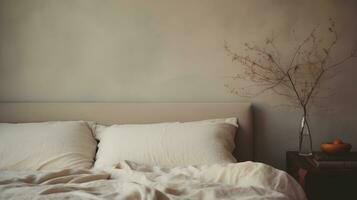 generatief ai, ontspannende slaapkamer detail van bed met natuurlijk linnen getextureerde beddengoed, gedempt neutrale esthetisch kleuren foto