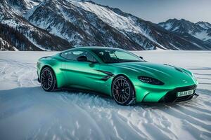 een aston Martin voordeel groen Aan een ijs weg in bergachtig gebieden gegenereerd door ai foto