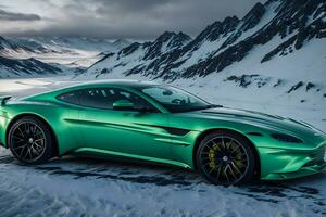 een aston Martin voordeel groen Aan een ijs weg in bergachtig gebieden gegenereerd door ai foto