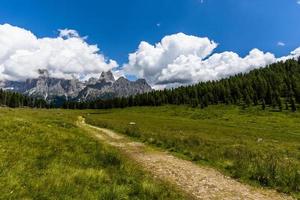 oude weg tussen de groene weiden aan het calaita-meer in san martino di castrozza, trento, italië foto