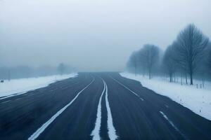 leeg stad weg gedekt in mist, nevelig asfalt weg Aan een winter ochtend- gegenereerd door ai foto