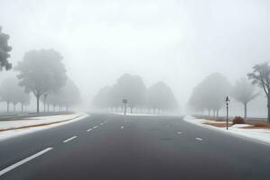 leeg stad weg gedekt in mist, nevelig asfalt weg Aan een winter ochtend- gegenereerd door ai foto