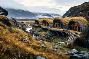 een duurzame eco-lodge knus genesteld in een op afstand, ongerept wildernis. vakantie weg van de stad. ai generatief foto