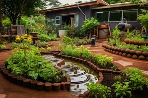 een huis tuin met regenwater oogsten en composteren systemen. goed verzorgd tuin Oppervlakte met bedden en water tanks. huishouden, bloem bedden met planten. ai generatief foto