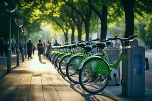 fietsen delen station bruisend met pendelaars in een groen stad. verhuur onderhoud plek Aan stad straat. openbaar vervoer. ai generatief foto