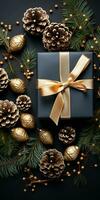 Kerstmis nieuw jaar kaart achtergrond met Spar takken, kegels, ballen, geschenk doos en linten. vlak leggen met leeg kopiëren ruimte. ai generatief foto