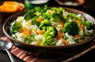 vegetarisch met broccoli doordrenkt gemengd groente rijst. ai generatief foto