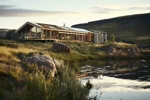 een duurzame eco-lodge knus genesteld in een op afstand, ongerept wildernis. vakantie weg van de stad. ai generatief foto