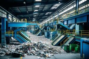 verspilling sorteren fabriek. recycling en opslagruimte van verspilling voor verder beschikbaarheid. schoon en georganiseerd verspilling scheiding faciliteit in actie. ai generatief foto