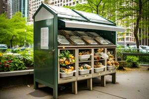 een stedelijk composteren station verminderen voedsel verspilling in de stad. schoonmaak omhoog de omgeving. ai generatief foto