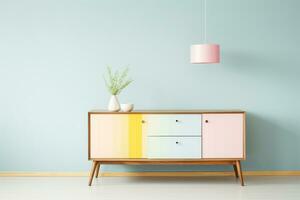 midden in de eeuw modern buffet siert een retro dining kamer in gedempt pastel kleuren. ai generatief foto