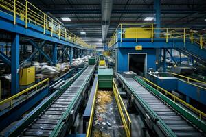verspilling sorteren fabriek. recycling en opslagruimte van verspilling voor verder beschikbaarheid. schoon en georganiseerd verspilling scheiding faciliteit in actie. ai generatief foto