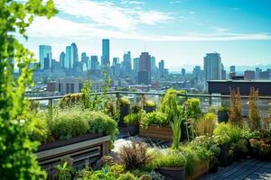 stedelijk groen dak tuin met uitzicht de stad horizon. ai generatief foto