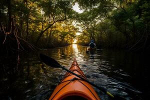 een kajak tour langs een rivier- met Doorzichtig water tussen de boomtoppen. milieuvriendelijk vakantie zonder schade toebrengen de omgeving. ai generatief foto