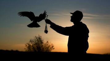 silhouet van een persoon spelen met een vogel gedurende zonsondergang. ai gegenereerd foto