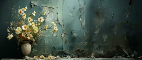 bloem vaas door de groen schilderachtig getextureerde muur, gemaakt met generatief ai foto