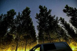een busje geparkeerd in de bossen Bij nacht foto