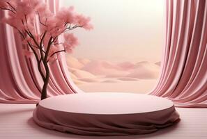 3d achtergrond, steen voetstuk podium Aan natuurlijk pastel roze backdrop ai gegenereerd. foto